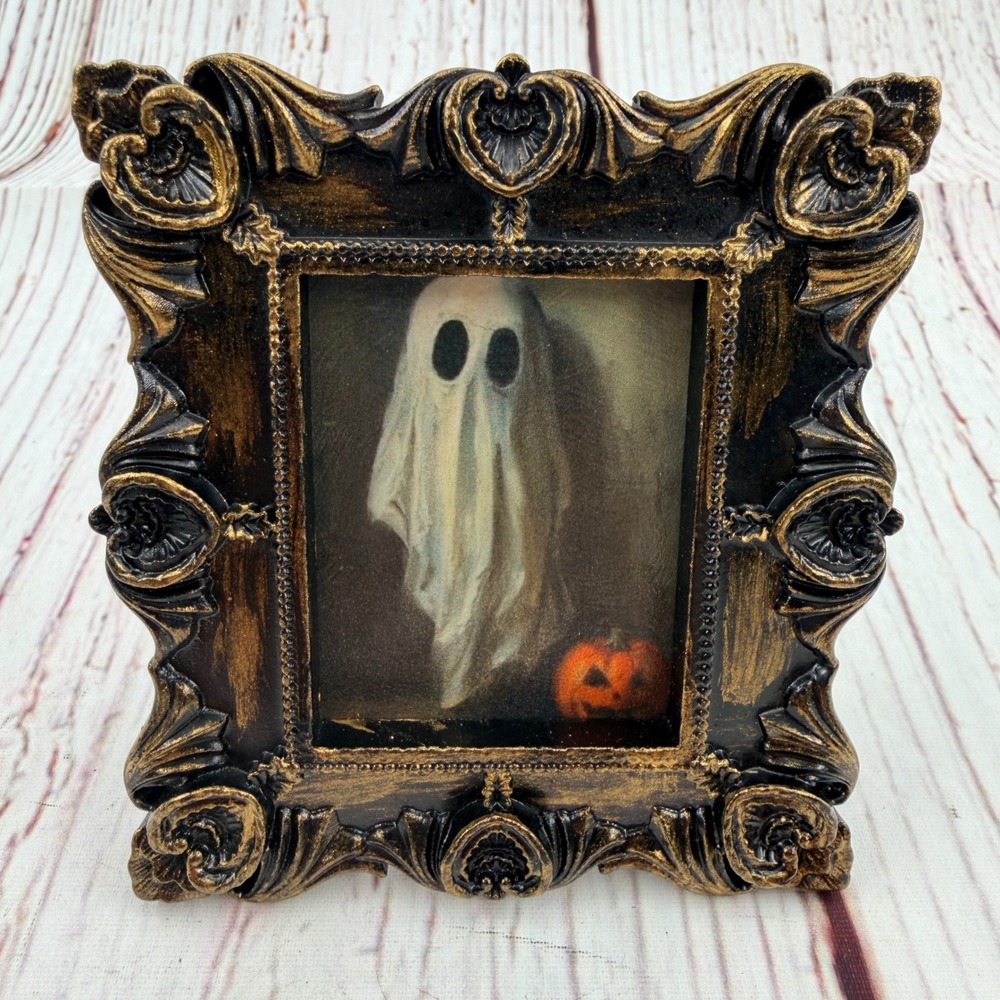 Handmade Halloween Ghost Pumpkin Ornate Resin Frame Decoupage Art Print